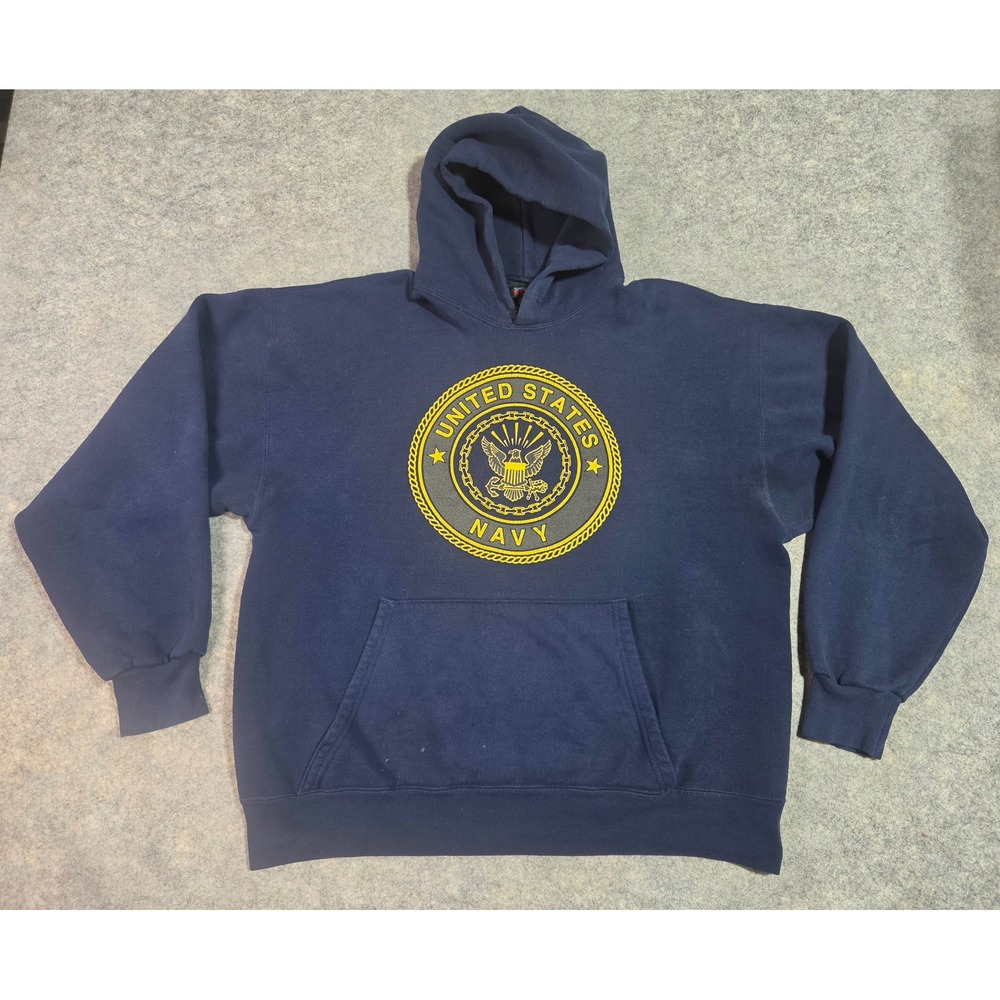 Vintage Soffe US Navy Hoodie Mens Large Blue Fleece Pullover Made in USA Seal